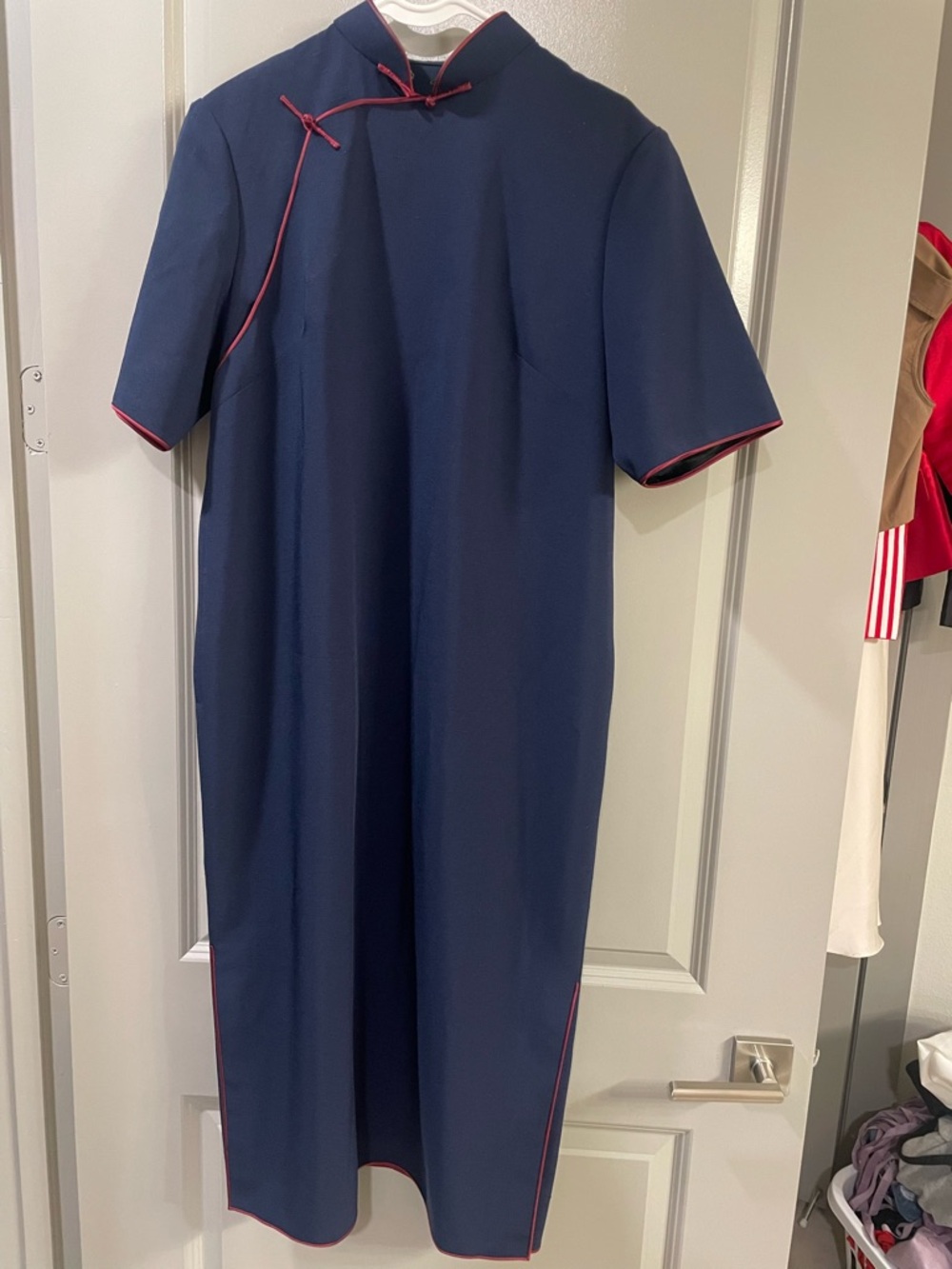 Vintage Navy Midi Cheongsam Dress with Red Trim